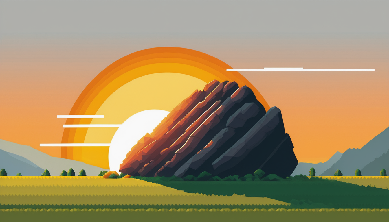 A pixel art sunrise behind a giant boulder